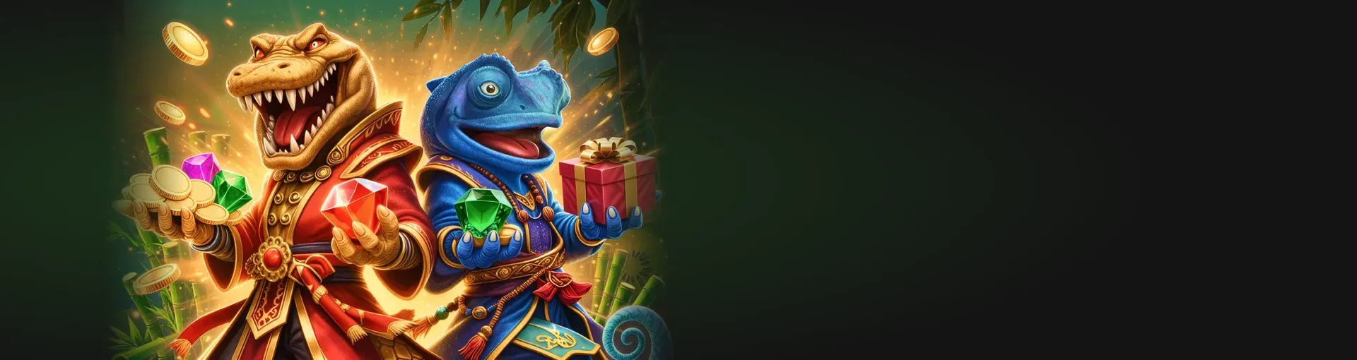 Asino Casino welcome package banner with a crocodile and a chameleon holding gold coins, gems and a gift Asino Casino welcome package banner with a crocodile and a chameleon holding gold coins, gems and a gift