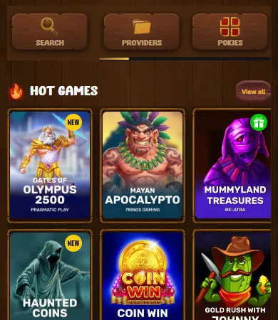 Asino Casino games lobby on a phone with category tabs and pokie tiles